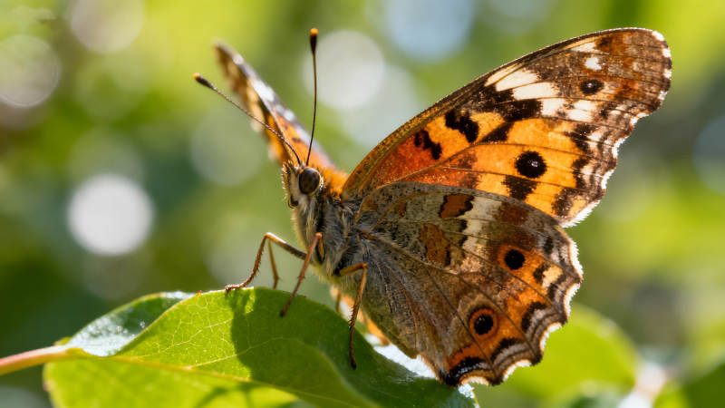 蝴蝶在绿叶上停留的特写-图片