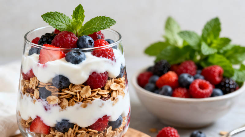 美味的水果酸奶杯配有薄荷叶装饰-图片