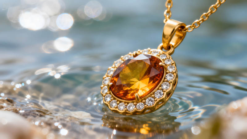 金项链珠宝闪耀光芒在水中-图片