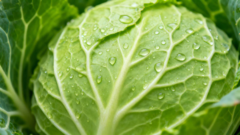 新鲜卷心菜特写水珠点缀着绿叶图片