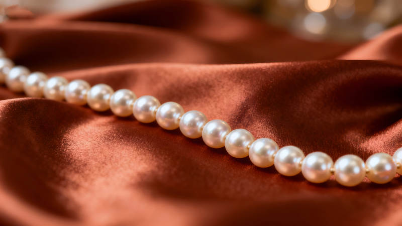 珍珠項鏈在絲綢上-圖片