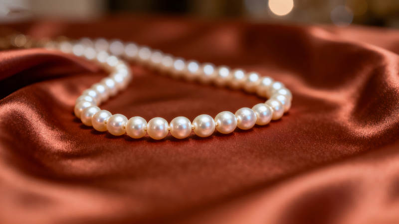 珍珠項鏈置于綢緞之上光澤細膩-圖片