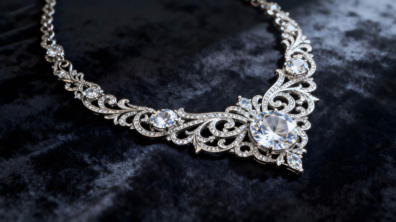 钻石项链奢华闪耀置于绒布之上-图片