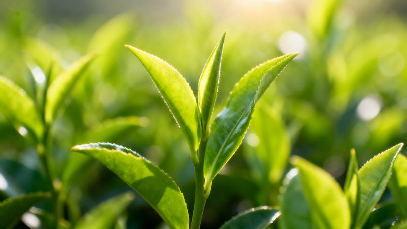 綠葉特寫陽光照射下的茶樹嫩葉-圖片