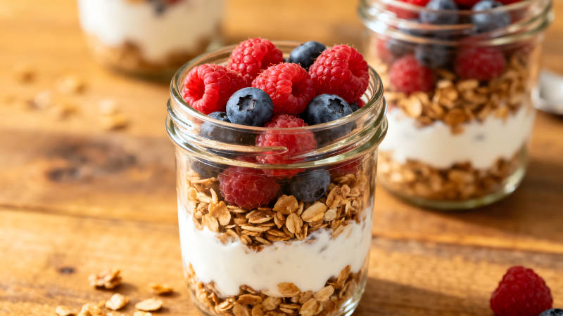 美味的格兰诺拉麦片和浆果-图片