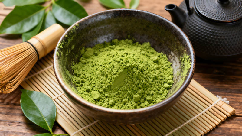 抹茶粉與茶具的靜物-圖片