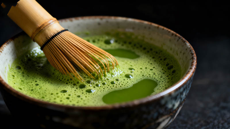 抹茶攪拌特寫一碗綠茶-圖片