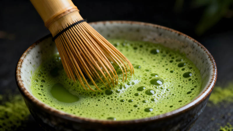 抹茶碗里搅拌的抹茶-图片