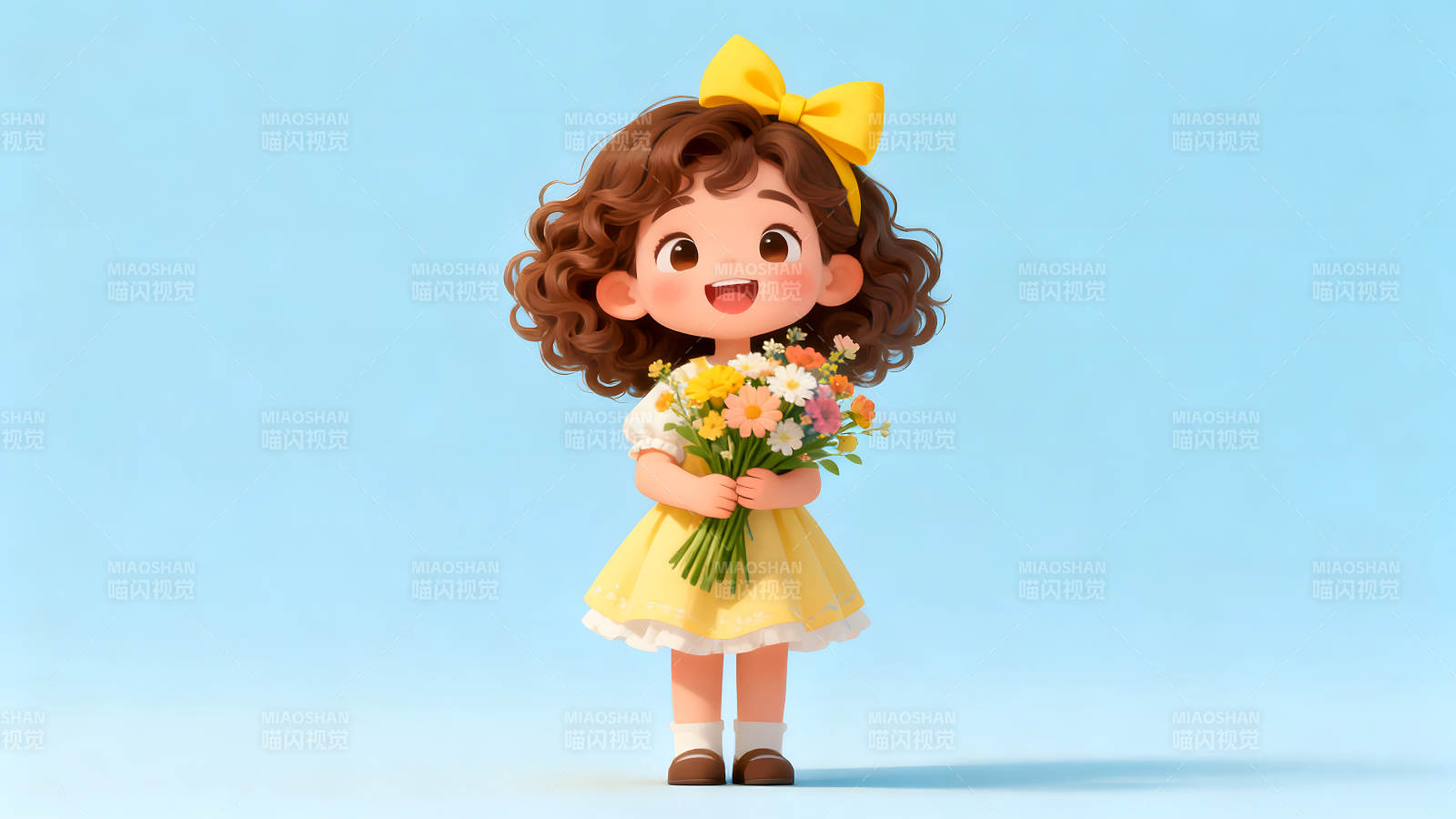 女孩手捧鮮花微笑穿著黃色裙子很可愛圖片