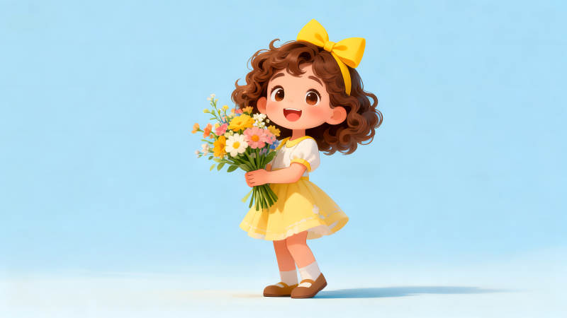 小女孩手捧鲜花灿烂的笑容-图片