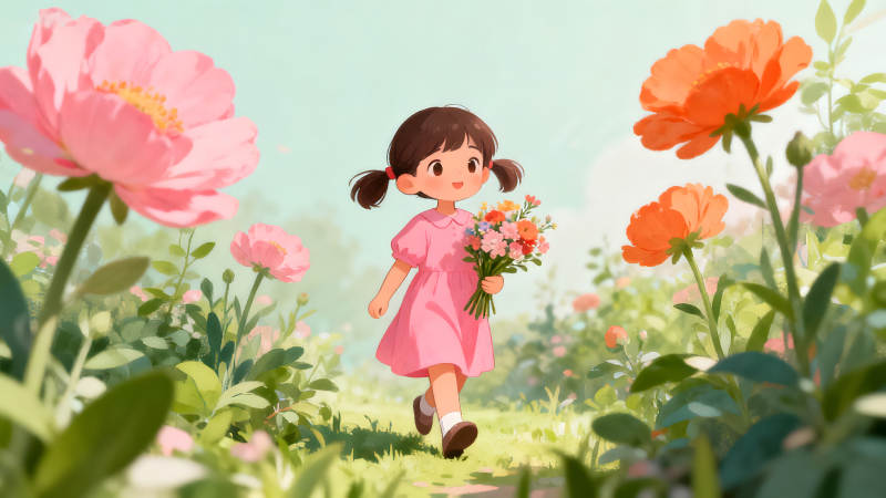 女孩在花叢中漫步-圖片