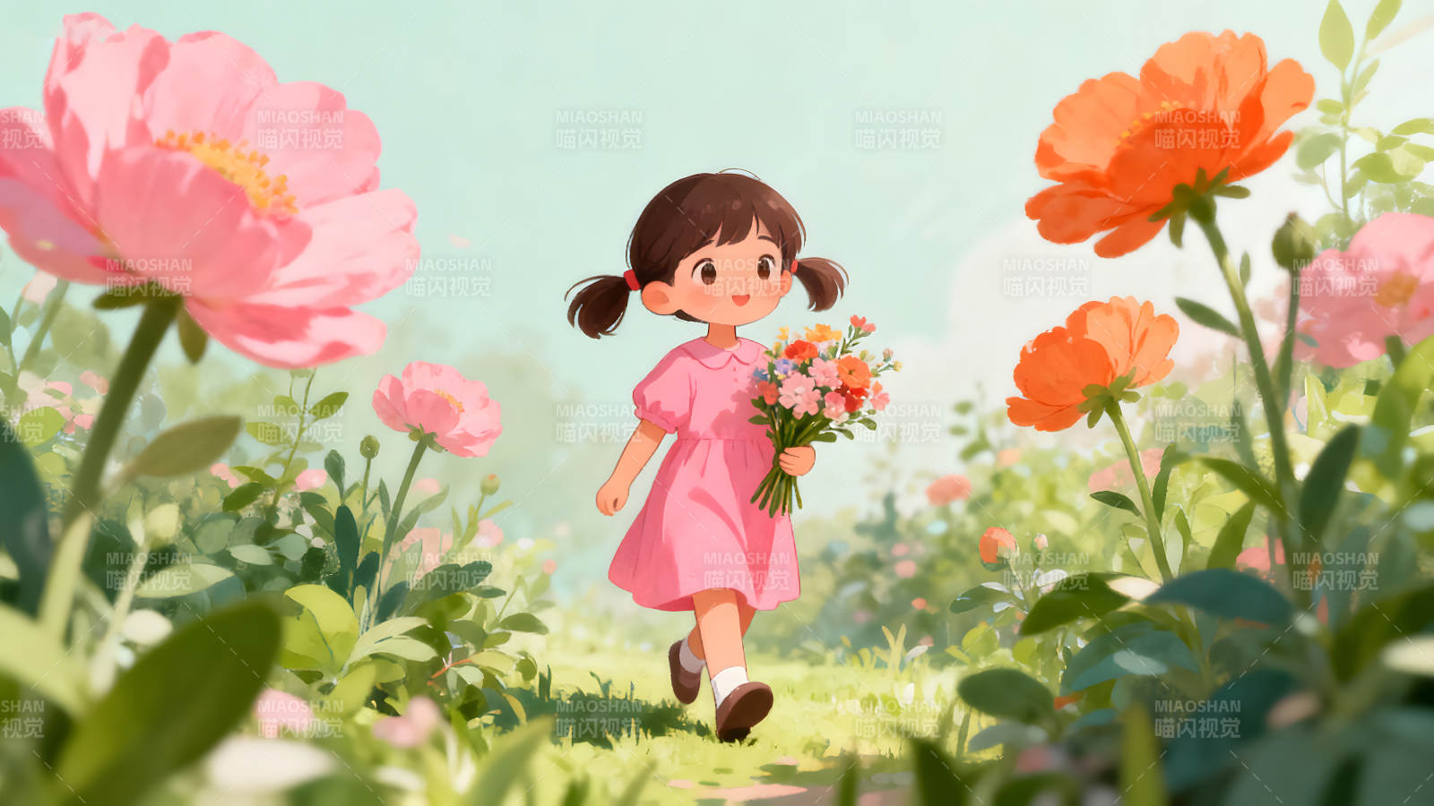 女孩在花叢中漫步-圖片