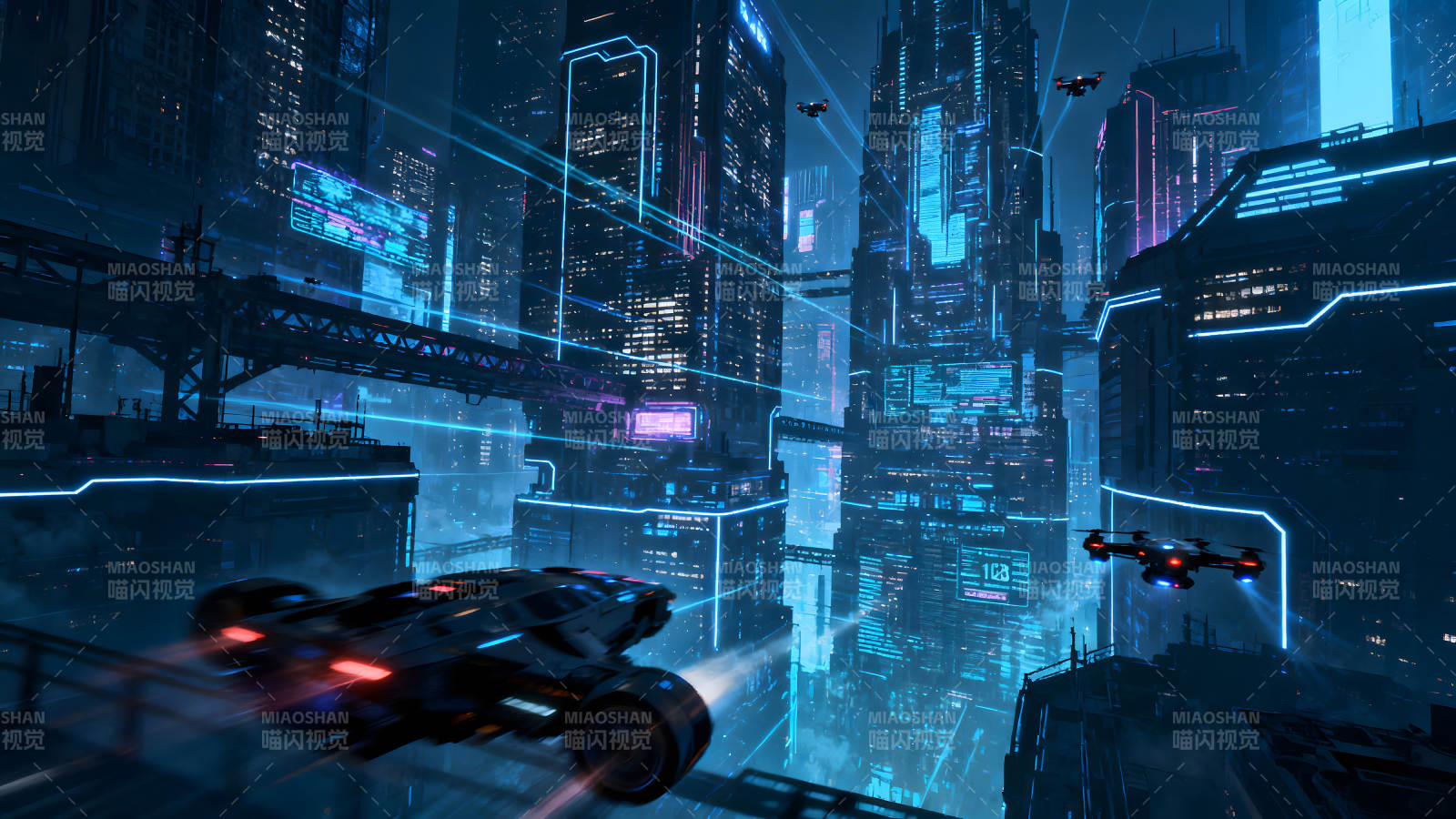 未来都市夜景赛博朋克风飞船穿梭-图片