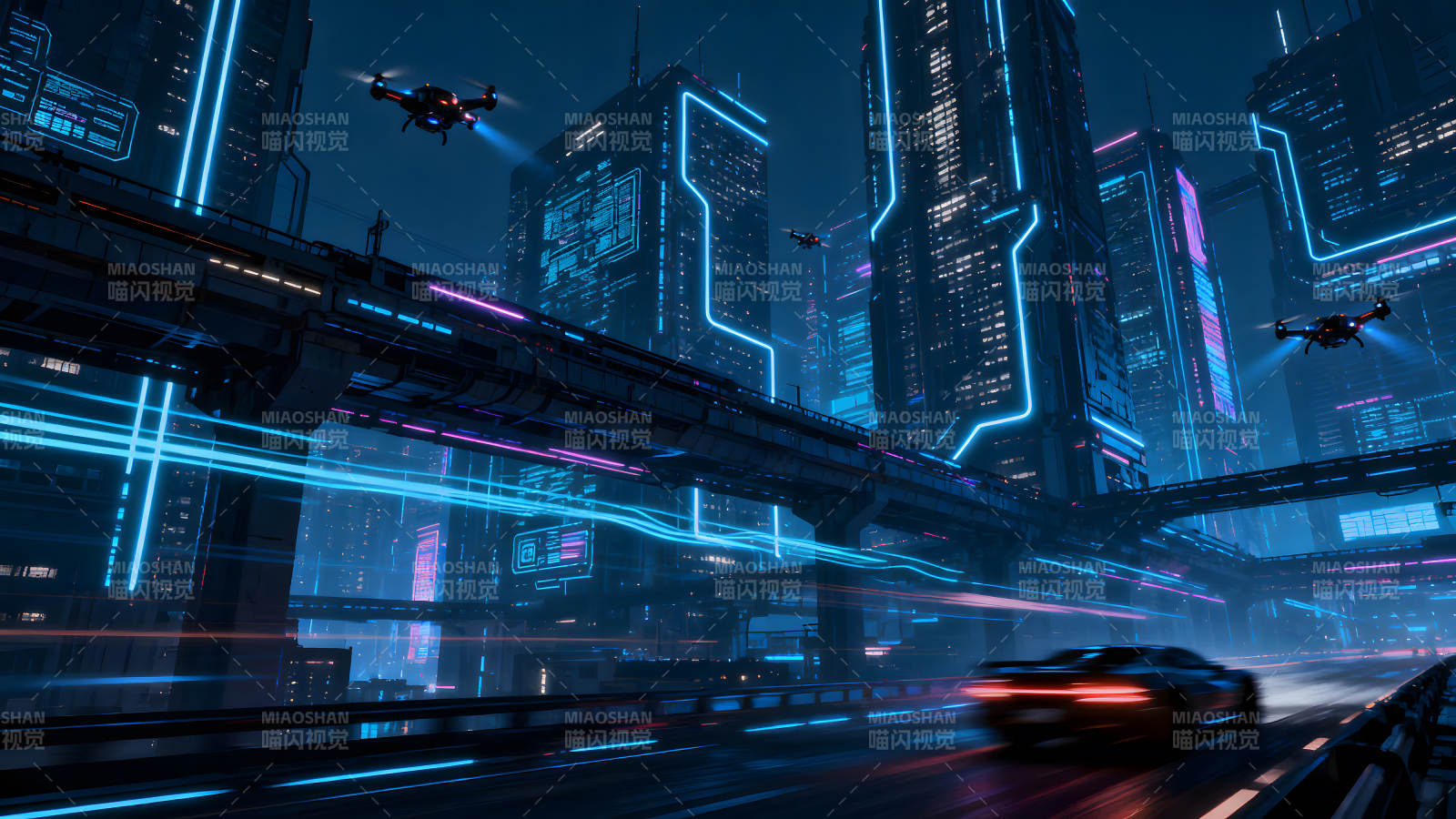 未来都市霓虹夜景与车辆-图片