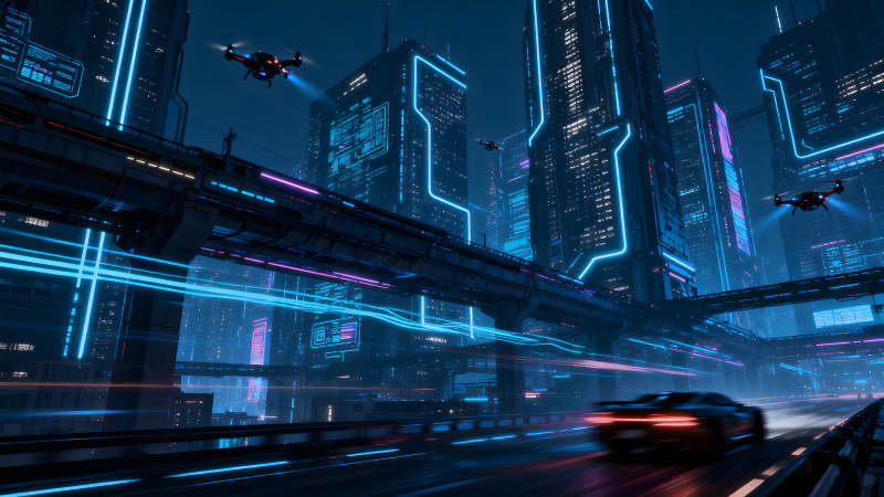 未来都市霓虹夜景与车辆-图片