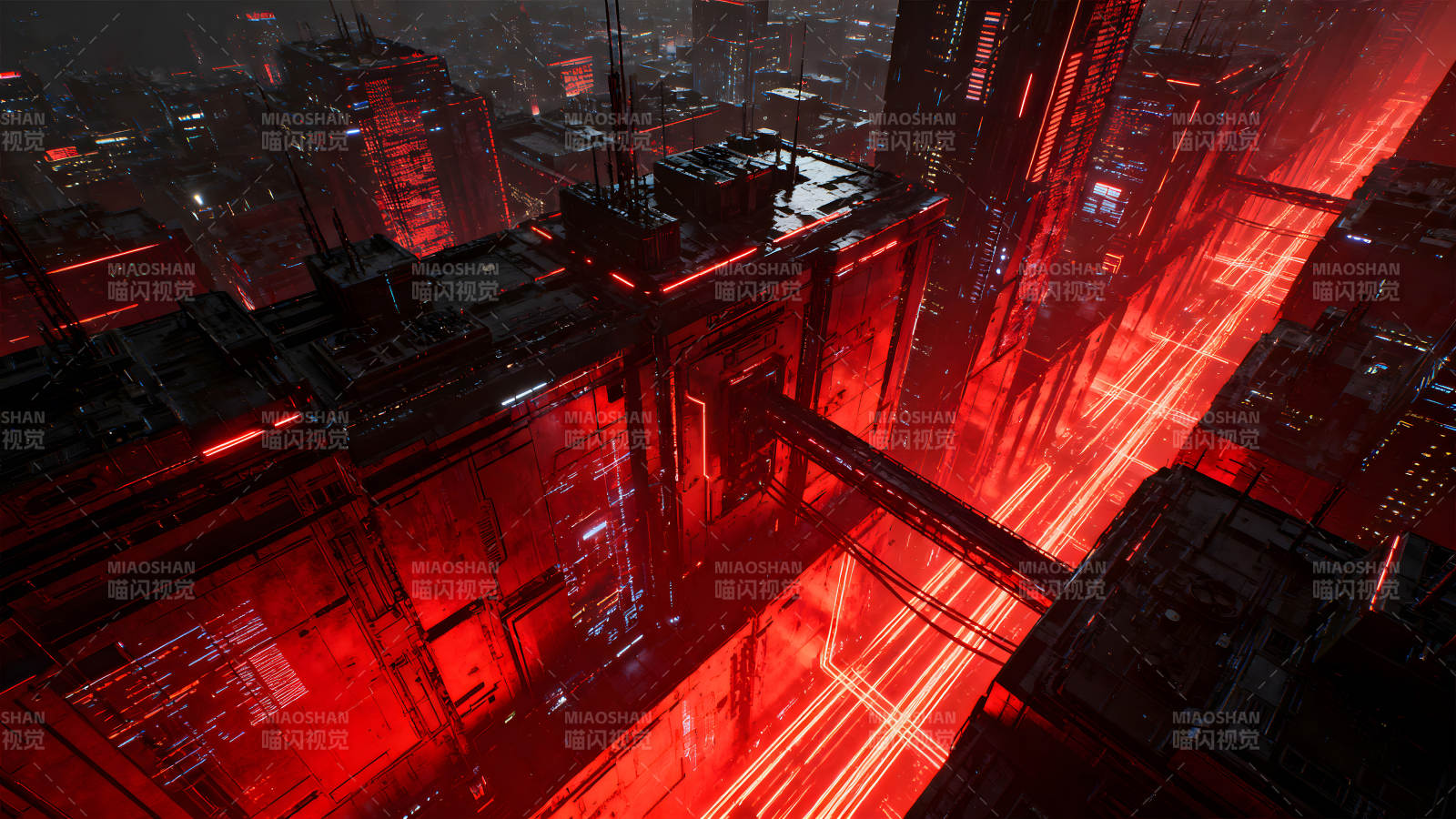 賽博朋克城市夜景紅光籠罩氛圍感十足-圖片