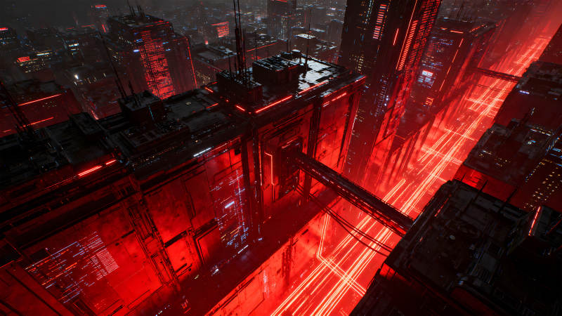 賽博朋克城市夜景紅光籠罩氛圍感十足-圖片