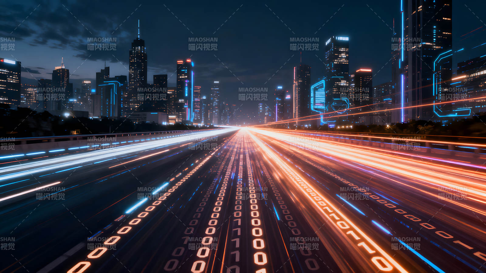 赛博朋克城市高速公路夜晚场景图片