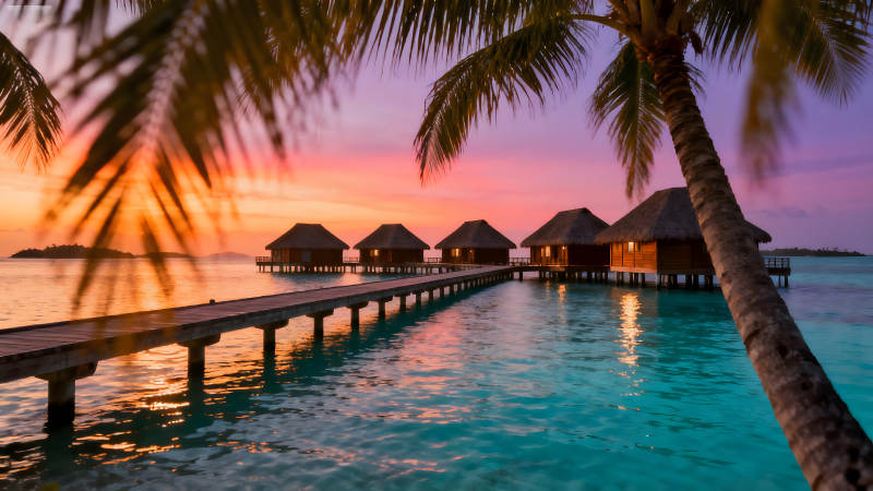 夕陽(yáng)下的水上小屋美不勝收的景色-圖片