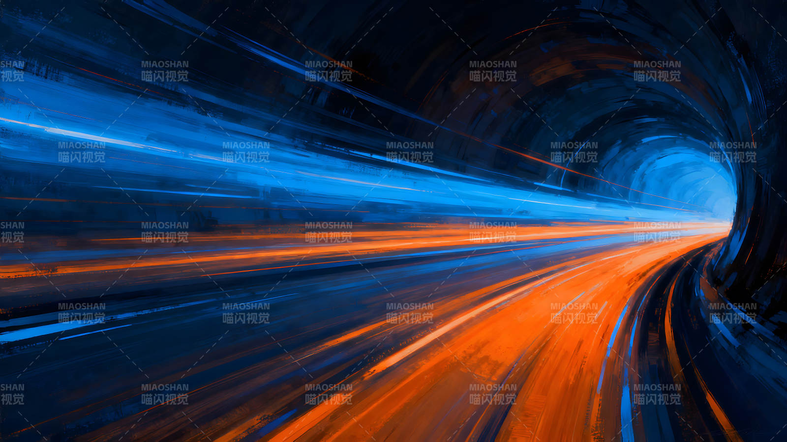 隧道光影疾馳橙藍交織流光溢彩-圖片