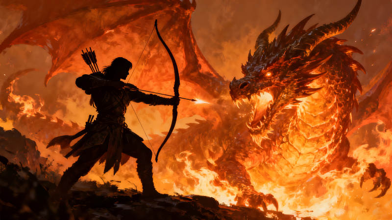 弓箭手大战火焰巨龙的场景-图片