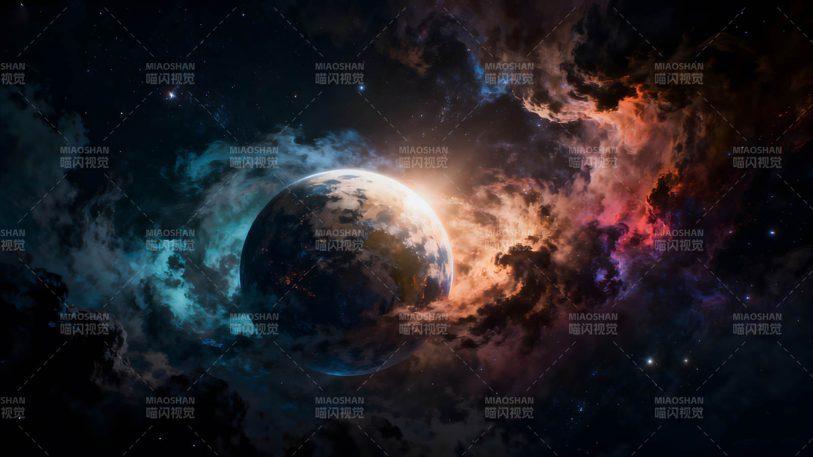 星云環繞的藍色星球-圖片