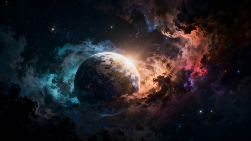 星云環繞的藍色星球-圖片