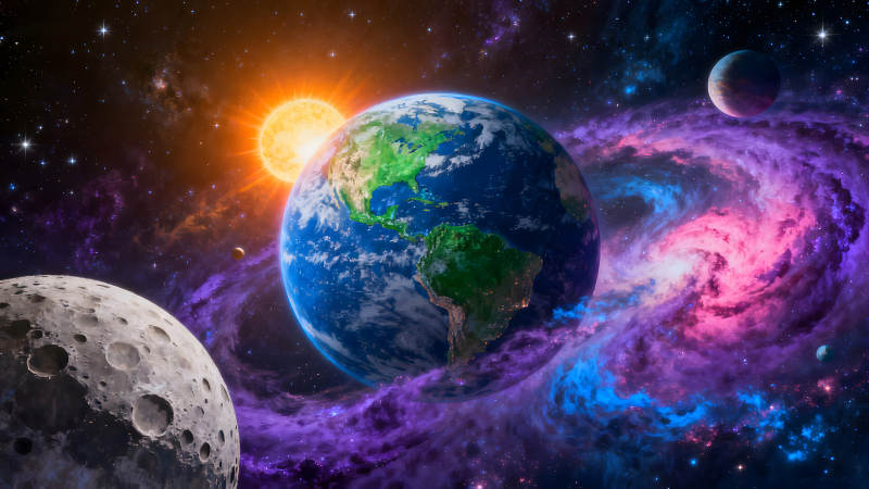 宇宙地球太陽月亮星云景象-圖片