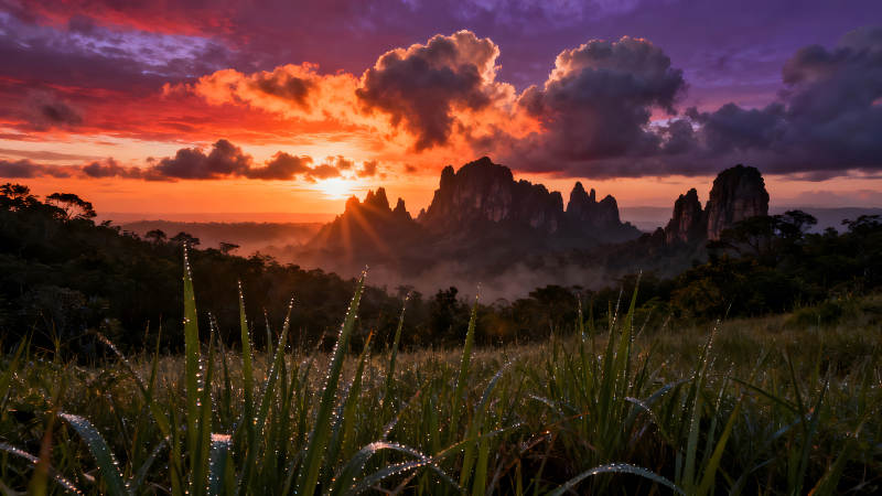 壯麗日落下的山脈與草地-圖片