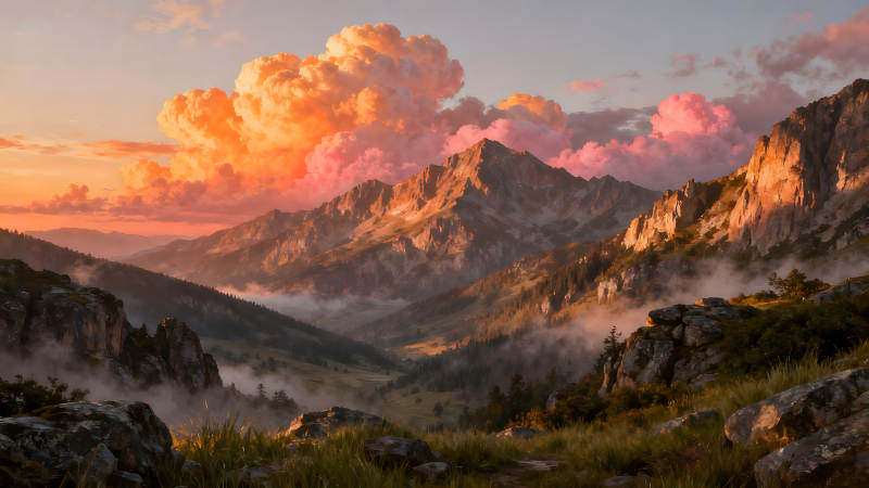 壯麗山景夕陽云彩-圖片