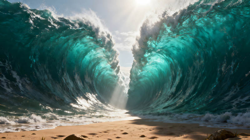 巨浪分开阳光照亮-图片