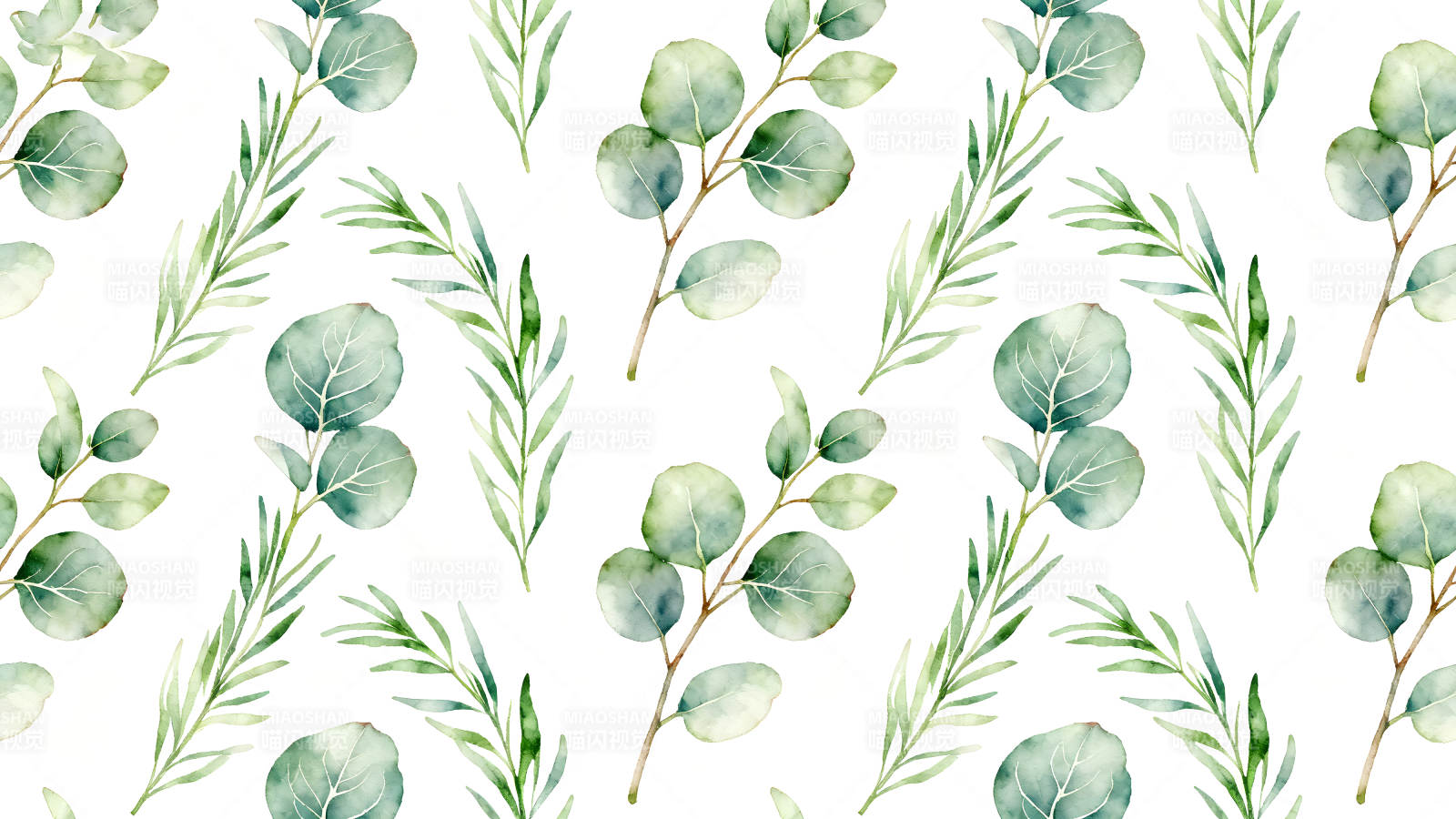 水彩風格的綠葉植物圖案-圖片