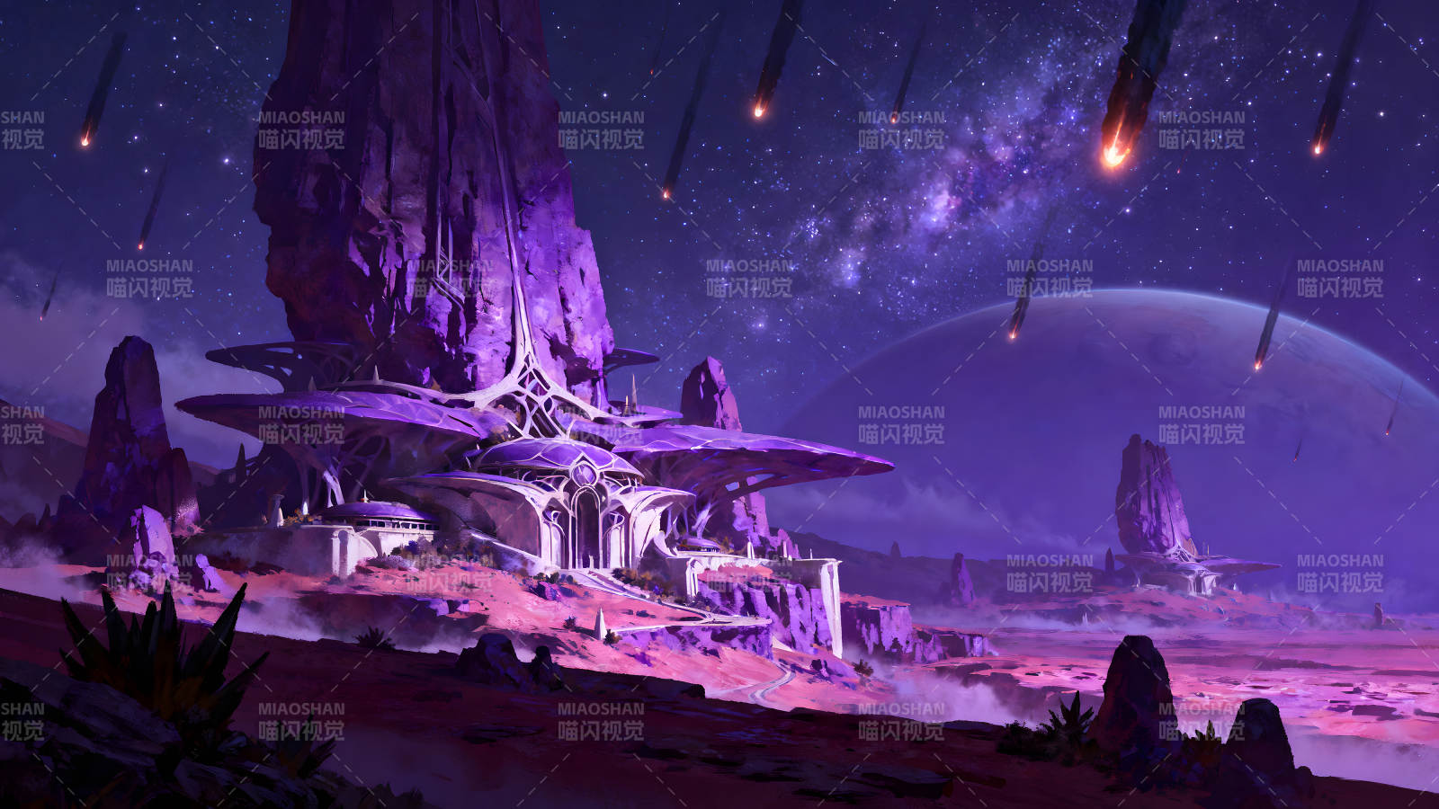 紫色星球的未来建筑与流星雨图片