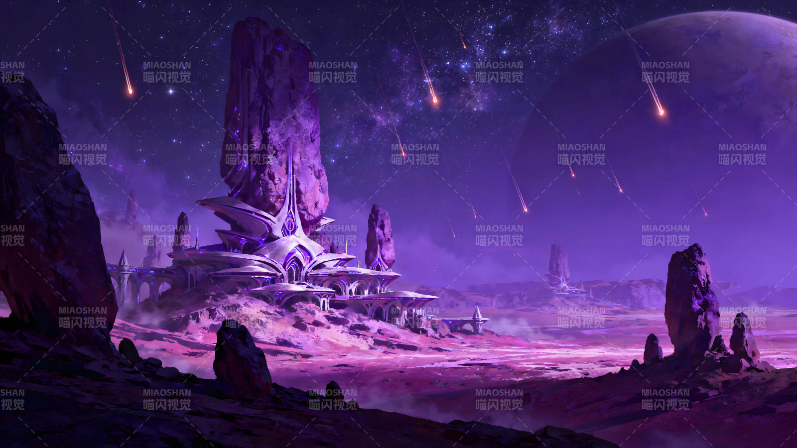 紫色星球的科幻建筑与流星雨-图片