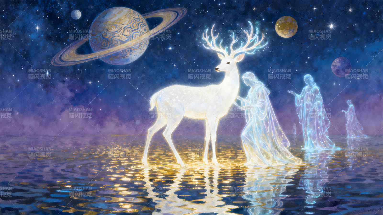 梦幻般星空下的白鹿与精灵-图片
