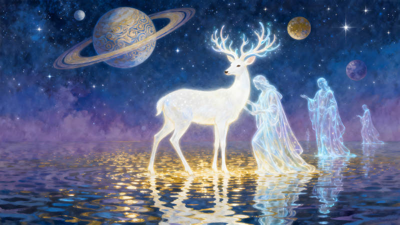 梦幻般星空下的白鹿与精灵-图片