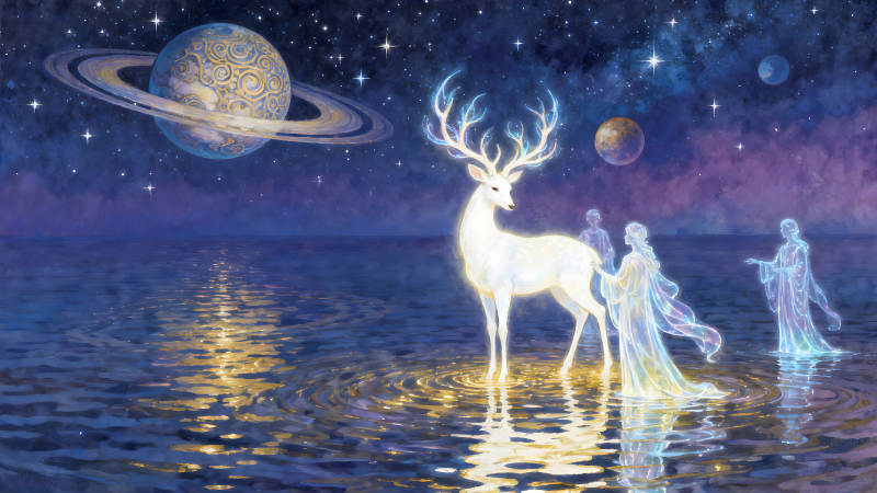 星空下发光的白鹿与灵魂-图片