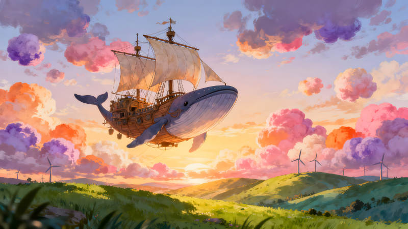 鲸鱼飞船翱翔于天空之上-图片