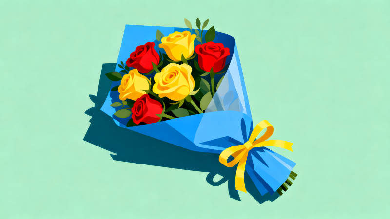 鮮花束藍紙包裹黃色蝴蝶結-圖片