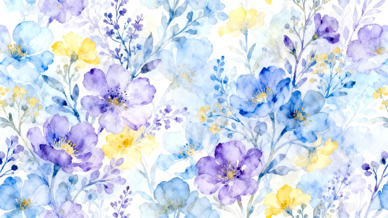 水彩花卉图案蓝色紫色黄色组合-图片