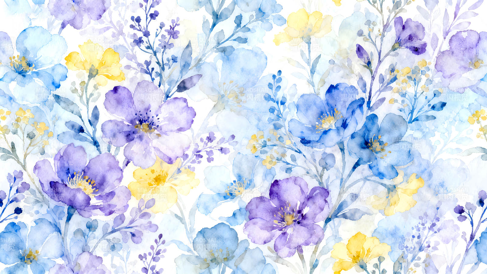 水彩花卉图案蓝色紫色黄色组合-图片