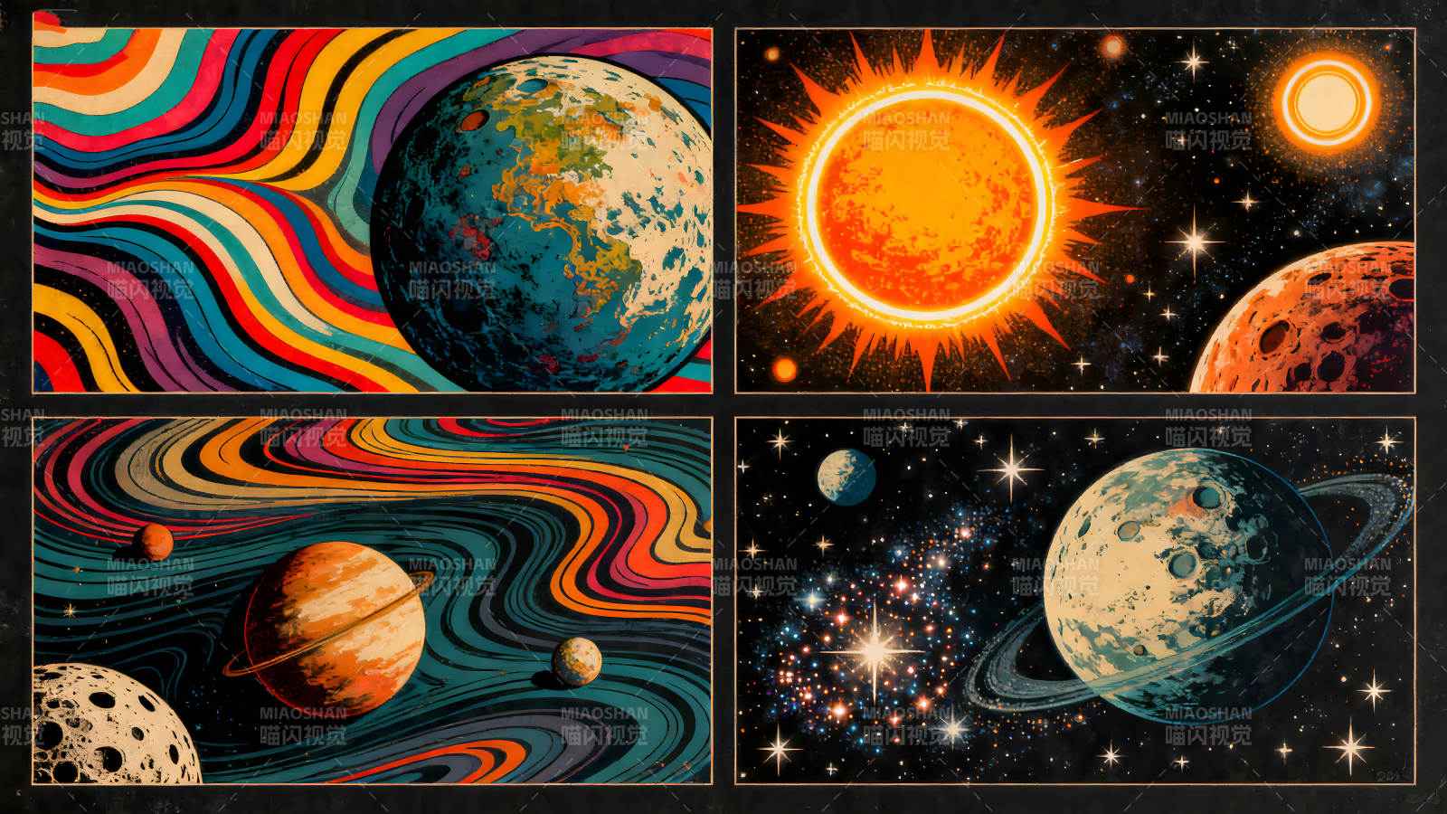 復古宇宙插畫組合多彩的星系景象-圖片