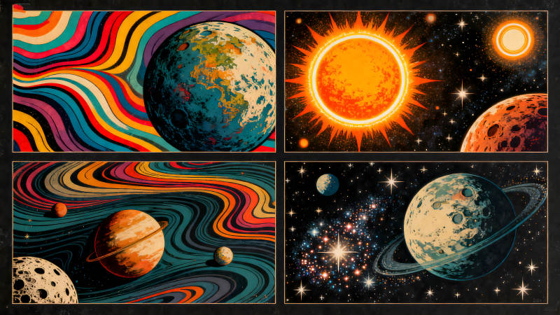 復古宇宙插畫組合多彩的星系景象-圖片