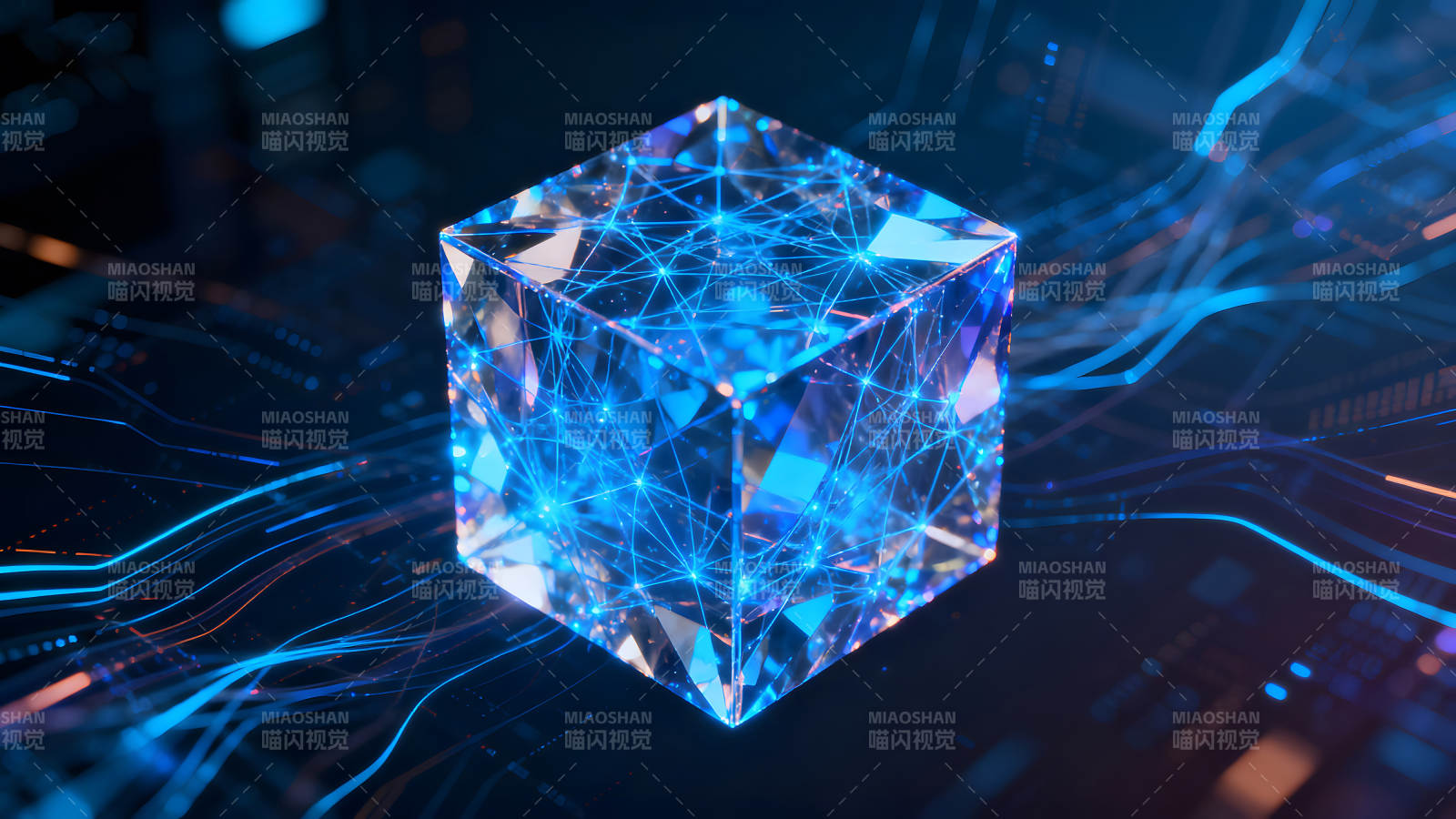 发光立方体与科技线条交织-图片