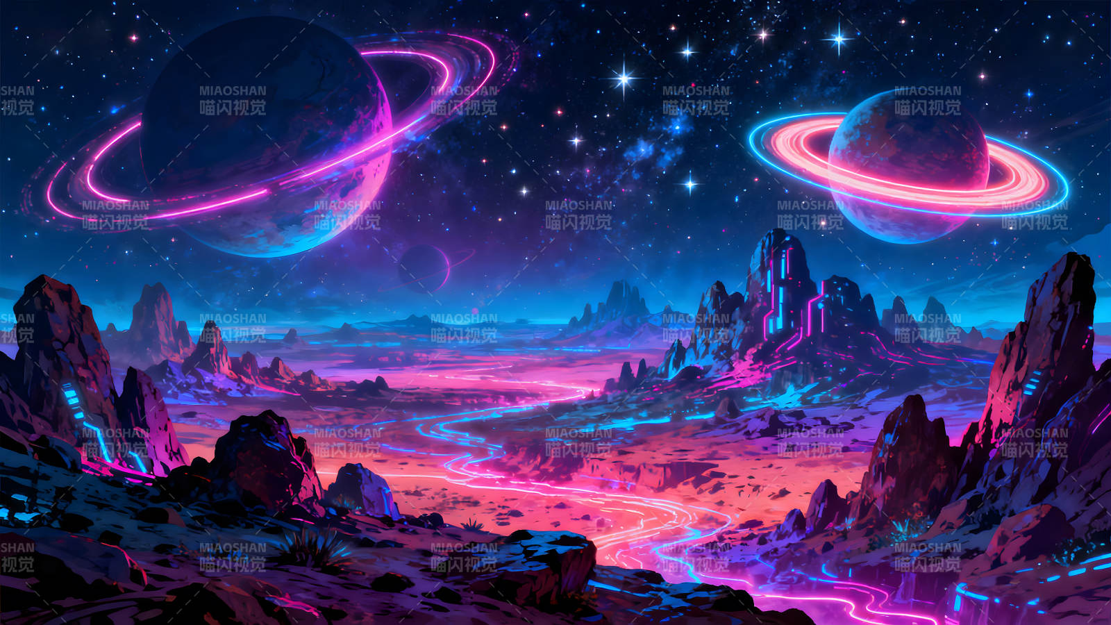 霓虹惑星奇幻景观星空背景-图片