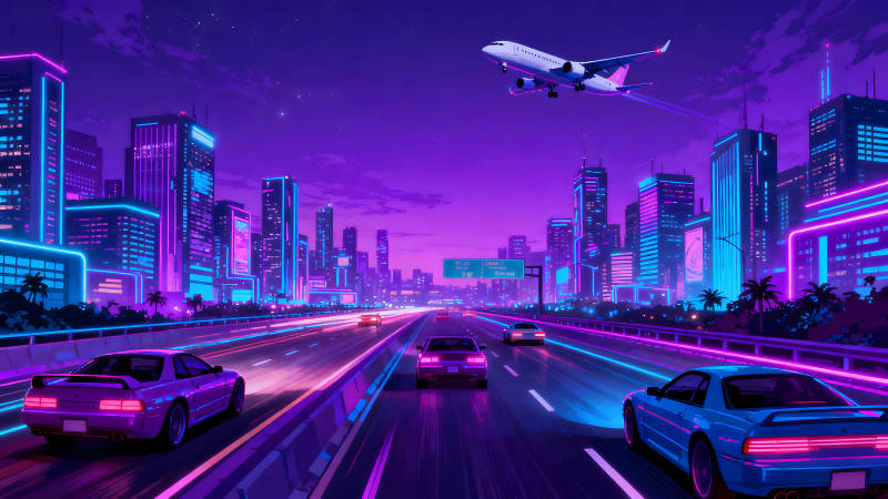 霓虹城市夜景高速公路汽车飞机-图片