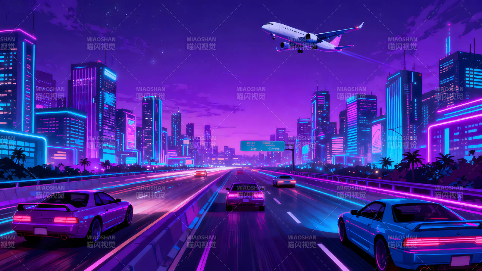 霓虹城市夜景高速公路汽車飛機圖片