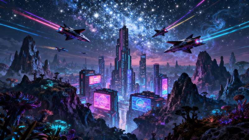 未来城市星空下的宇宙飞船-图片