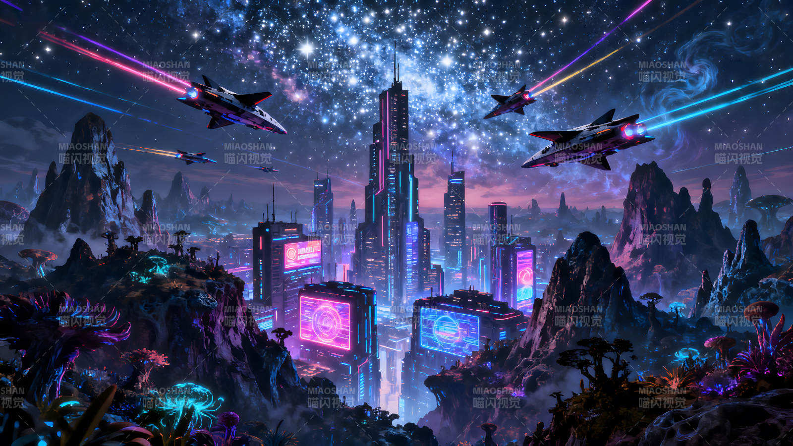 未来城市星空下的宇宙飞船-图片