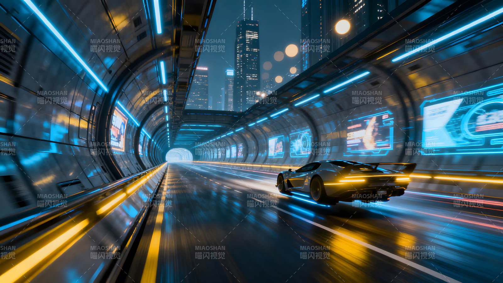 未来城市隧道高速行驶的跑车图片